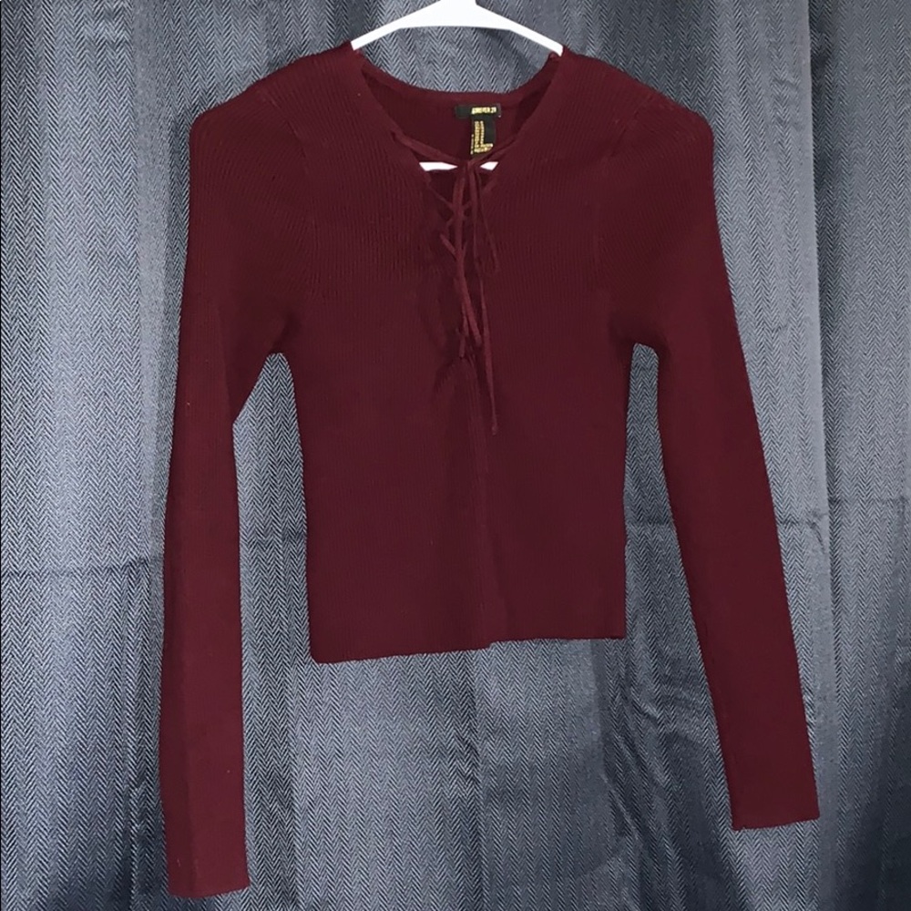Long sleeve burgundy tie up top